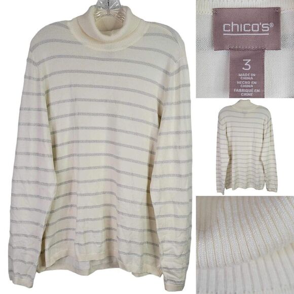 Chicos Striped Sweater Women's 3 Size XL Cream Silver Long Sleeve Turtleneck - Picture 1 of 9